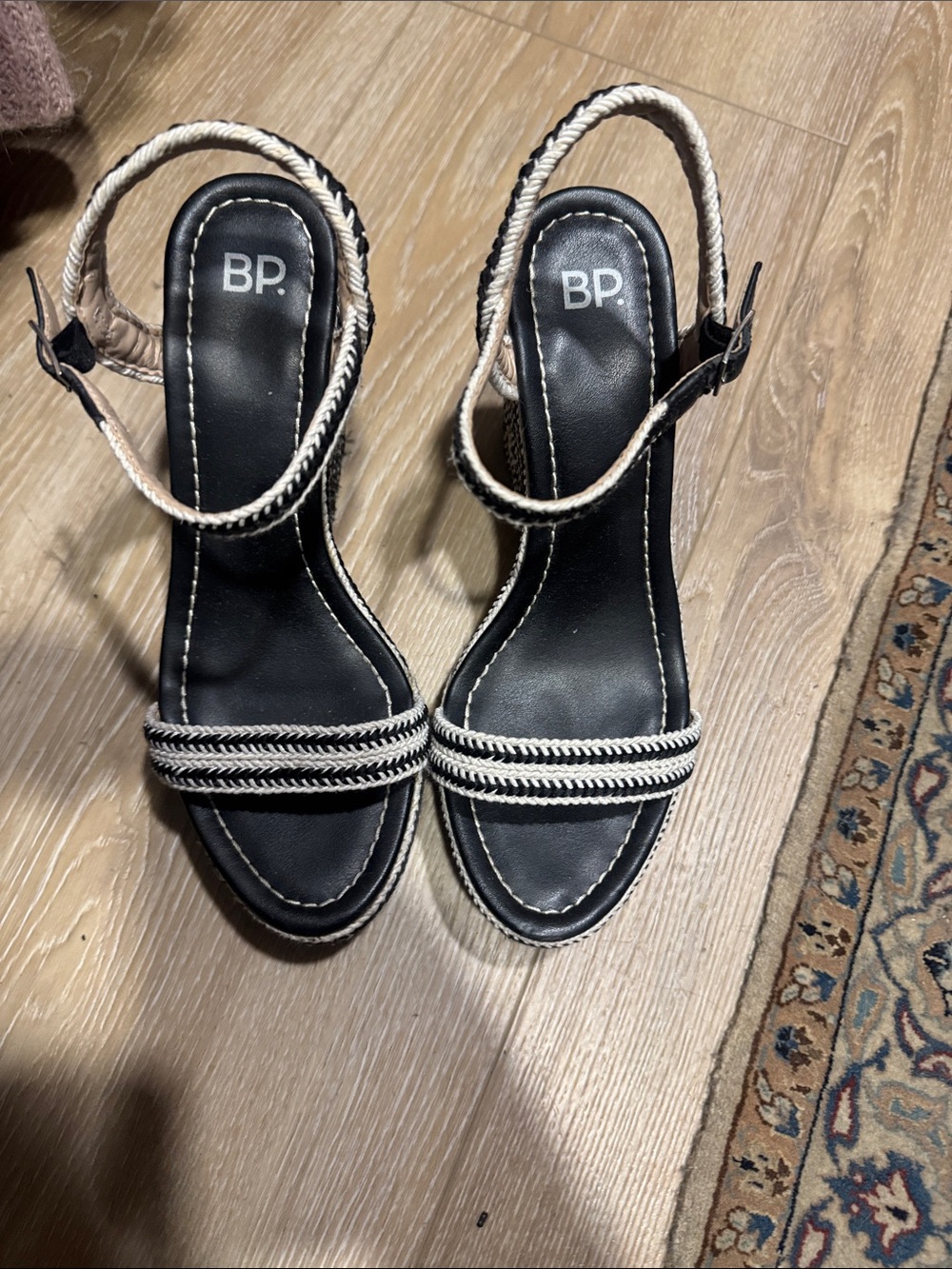 bp Black and Cream Woven Wedge Sandals